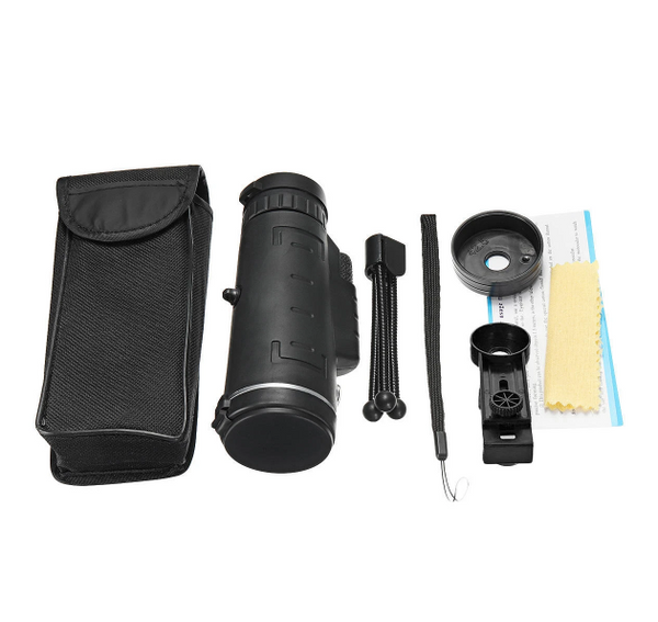 Included in package - bag, camera lens, tripod, string rope, lens cover, phone clip, instructions